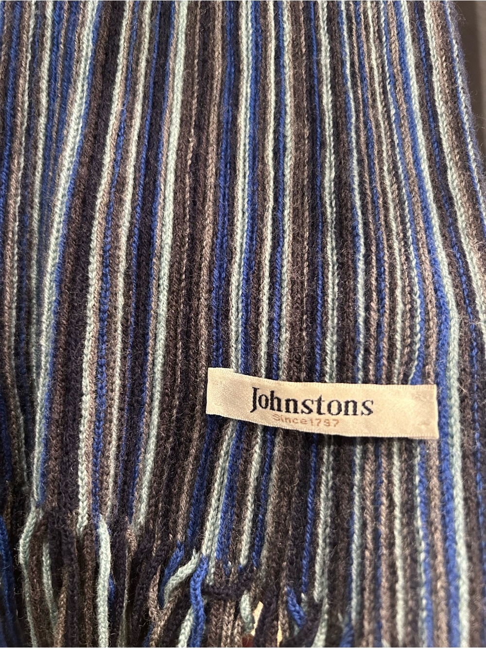 Johnstons of Elgin Striped Blue and Gray Wool Scarf